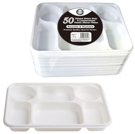 DID® 50 deluxe heavy-duty 6-compartment reusable plastic dinner plates, perfect for parties, events, and catering. Each plate offers sturdy design and separate compartments for easy food organization.