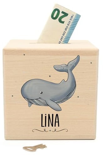 Muckelmeister Spardose Kinder Personalisiert mit Namen aus Holz - 10x10x10cm - Spardose mit Schloss und Schlüssel - Taufgeschenke für Mädchen und Jungen - originelle Geschenke zur Geburt - Wal