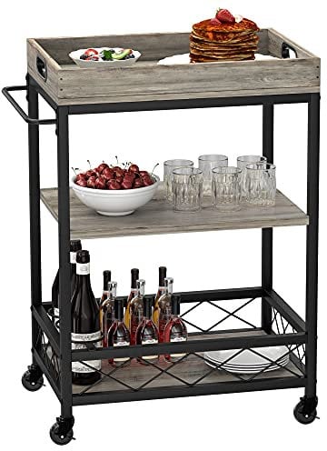 FairyLee Servierwagen mit Rollen,3 Ebenen Küchenwagen,mit Weinregal Industrial grau Style Trolley,für Küche Esszimmer Bar.33.5 * 24 * 18