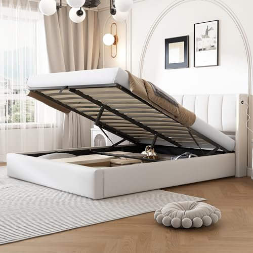 Jovify 5ft King Size Bed Frame with LED Lights & USB Ports, Upholstered Ottoman Storage Bed with Hydraulic Lever and Adjustable Headboard, Gas Lift Up Bed With Storage & Slats, PU, No Mattress, White