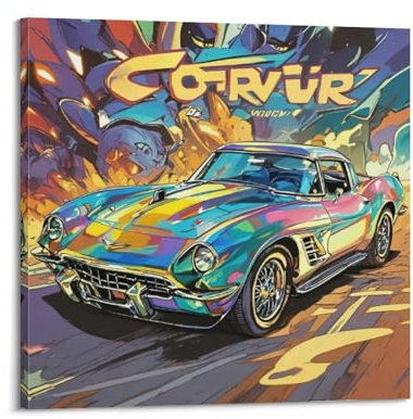 Klassisches Sportwagen-Poster für Korvette, Retro-Rennwagen, dekoratives Gemälde, Leinwand-Kunstbild, 40 x 40 cm