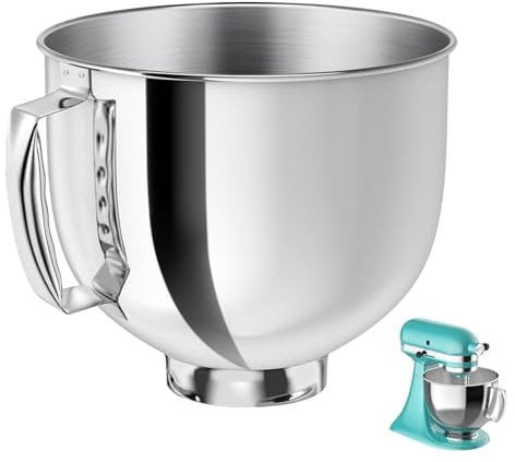 5-Quart Stainless Steel Mixer Bowl with Handle for KitchenAid Tilt-Head Stand Mixers 4.5&5 QT, 5QT Kitchen Aid Bowl for Mixer, Scratch-Resistant and Easy to Clean (Stainless Steel Polished)