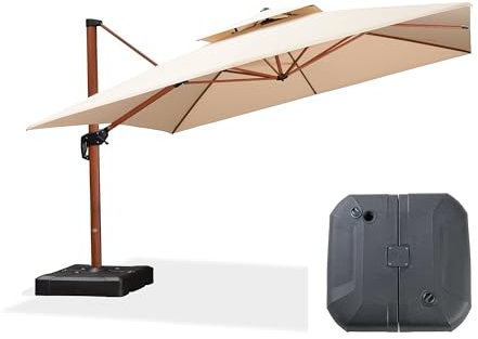 PURPLE LEAF Parasol Déporté 3,65 x 3,65 m Carré avec pied, Aspect du Teck en Aluminium, Parasol de Jardin Extérieur à Toit Double Rotatif 360°, Pour Terrasses, Piscines, Beige