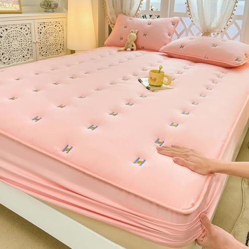 AMDXD 180x220cm Betttuch mit 2er Kissenbezüge Set 3teilig Waschbar, Gestickt Spannbettlaken Gesteppt Schlafkomfort, Baumwolle Spannbettuch Laken Rose für Boxspringbett & Topper