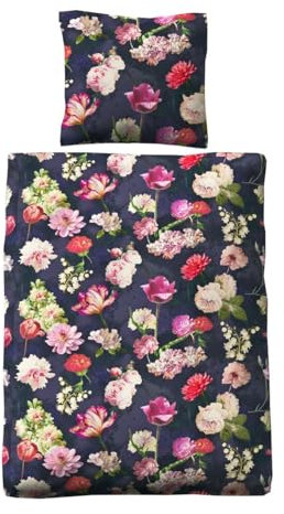 JACK Biber Bettwäsche 2 TLG. 135x200cm Blumen Bunt Dunkelblau Reißverschluss