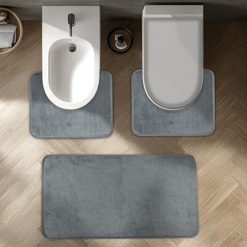 Comart - Set Tappeti Bagno Tahiti - Tris Tappetini Assorbenti: 1 Rettangolare 45x75 cm + 2 Giro Water 45x37.5 cm - Asciugatura Rapida - Salvaspazio - Antiscivolo - Lavabile in Lavatrice - Grigio