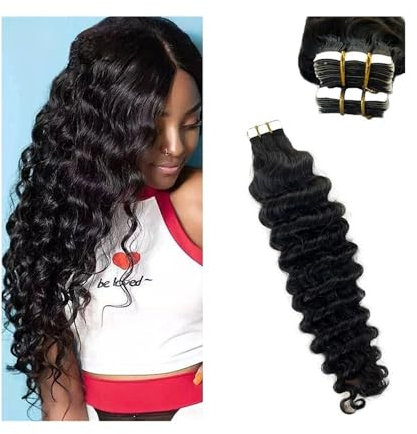 Haarverlängerungsband Deep Wave Tape in Extensions Human Hair for Black Women 20Pcs 50g Wavy Curly Natural Black Tape in Hair Extensions Invisible Double Sided Adhesive Tape Perückenband(22 inches)