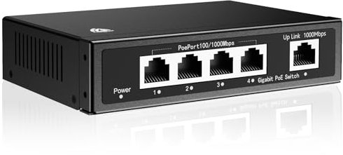 Akinguar Switch PoE Gigabit 5 Ports - avec 4 RJ45 PoE+ à 65 W+ 1 Port Uplink 1000Mbps, Switch Ethernet, Ultra Silencieux, Plug and Play, Manageable, Montage sur Un Bureau ou en Rack