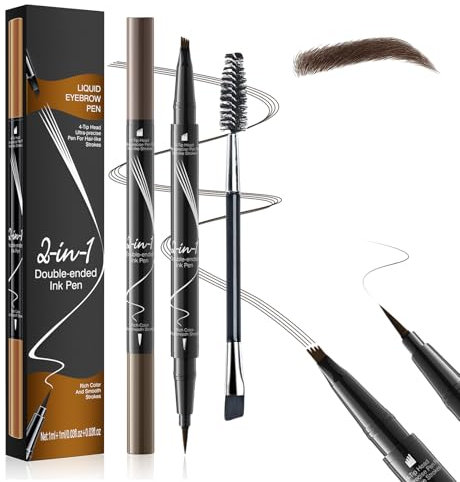 Lapiz Cejas Microblading 2 en 1, Lapiz de Cejas Impermeable con Punta de 4 Tenedores y Delineador, Consigue Efecto 3D Natural, Profesional Eyebrow Pencil (Marrón Oscuro)