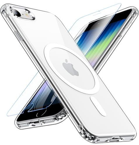 OWKEY for iPhone SE Case, Magnetic iPhone SE 2022 (3rd)/2020 (2nd)/iPhone 8/7 Case for Compatible Magsafe with Tempered Glass,[Shockproof Military] Transparent Back Slim Bumper Cover Phone Case, Clear