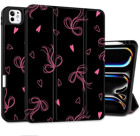 MEEgoodo Case for M4 iPad Pro 11 inch Case 2024, Tablet Cover with Trifold Stand & Pencil Holder & Auto Wake/Sleep & Soft TPU Back Cover, Ribbons Bow