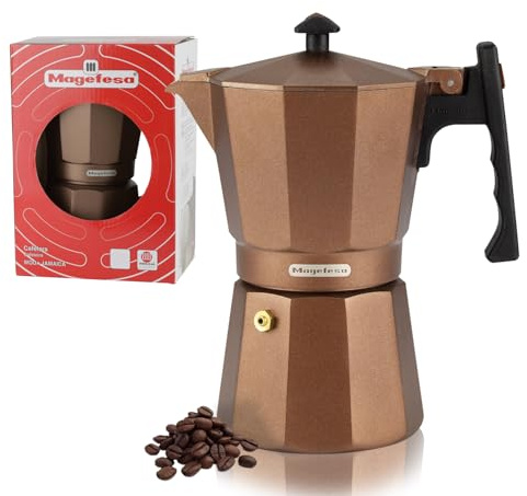 MAGEFESA Jamaica Brown - Cafetera espresso Moka para estufa, 12 tazas/20 onzas, cafetera italiana para café cubano, aluminio extragrueso, mango resistente al calor, adecuada para inducción, cafetera