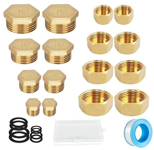 16 Stück Blindstopfen wasserleitung Innen- und Außengewinde für Garten- & 1/8 1/4 3/8 1/2 3/4 Zoll Gewindekappe Messing, Wasserhahn Dichtung für Garten Wasserleitung