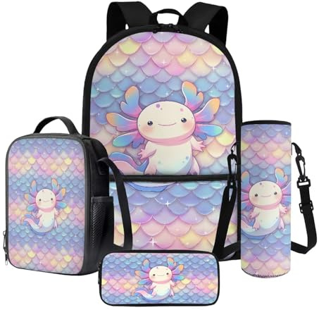 Nittanovaca Schultasche für Kinder, Mädchen, Cartoon-Rucksack und Lunchtasche, großes Fassungsvermögen, 4-in-1-Rucksack-Set für Reisen, Violett-Axolotl, Schulranzen-Set