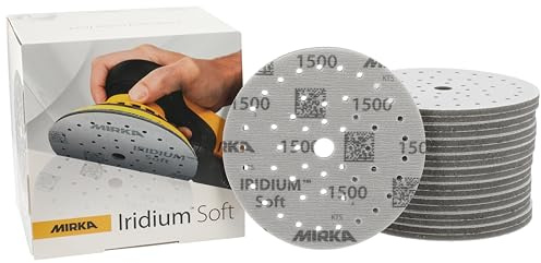 Mirka Schleifscheiben Iridium Soft Ø 150 mm P1500 Klett Multifit 20 Stück | Schaumbasiertes Schleifmittel für präzises Finish bei Klarlackschliff und Karosseriereparatur mit Aluminiumoxid
