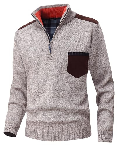 CoXuantion Pullover Herren Winter 1/4 Zip Strickpullover Slim fit Stehkragenpullover Langarm Arbeitspullover Warm Knitted Sweater Warm Fleecepullover Casual Sweatshirt L,Beige