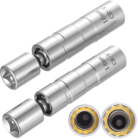 But the cow 2 Pcs Thin Wall Spark Plug Socket Set, 14mm 16mm Magnetic Swivel Spark Plug Removal Tool, 3/8 Inch 12-Point Universal Joint Socket Removal Tool