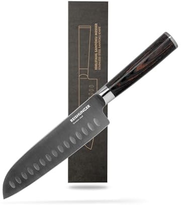 Reishunger Edelstahl Santoku Messer – Für den alltäglichen Gebrauch & präzise Schnitte – Hochwertiger Stahl aus Deutschland – Kein Haften dank Einkerbungen auf der Klinge