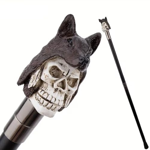 Gehstock mit Weißem Harz-Wolfskopf-Totenkopf, Luxuriöser Gehstock für Damen und Herren Abnehmbarer Rutschfester Griff, für Cosplay und Partys 93 cm