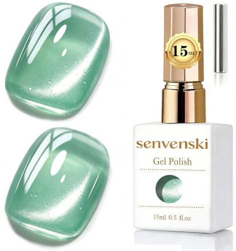 Senvenski Jelly Glass Cat Eye Gel Nail Polish with Magnet 15ML Magnetic 3D Galaxy Holographic Glitter Translucent Sheer Color Gel Polish Salon Home DIY (Mint Green, MY1-047)