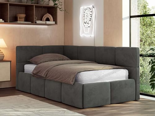 Jugendbett ARVO 90x200 cm mit Lattenrost und Bettkasten, Polsterbett mit gepolstertem Kopfteil und Gasdruckfedern, Eckbett mit Stauraum - mit Schaumstoffmatratze - Dunkelgrau Velvet - Linke Seite