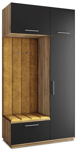 Masseno Flugarderoben Set Rema, Kleiderschrank-Set mit Sitzbank, Garderobenschrank Flur mit 5 Regalböden, Eiche Wotan/Schwarz
