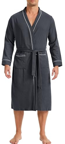Lovasy Bademantel Waffelpique Herren Lang Langarm, S-3XL | Kimono‑Stil Morgenmantel mit Gürtel und Taschen, Saunamantel Loungewear Hausmantel für Zuhause und Bad