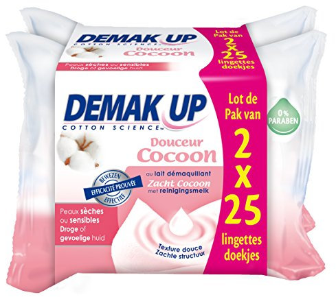 Demak'Up 2 Etuis de 25 Lingettes Douceur Démaquillantes Lait Peau Sèche et Sensible - Lot de 4