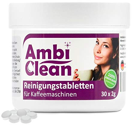 AmbiClean Reinigungstabletten für Kaffeemaschinen | Gründlich | Geschmacksneutral | Kaffeefettlöser und Kaffeeöllöser für Jura, Siemens, Delonghi, Krups, Melitta, Bosch uvm. | 30 Stück