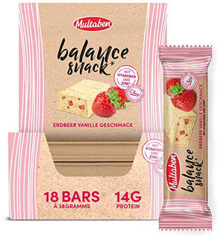 Multaben Balance Snack Erdbeer-Vanille Energieriegel, Energy Bar mit Antioxidantien und Vitaminen, Snackriegel mit Vanille-Erdbeer Geschmack - 18 x 38g