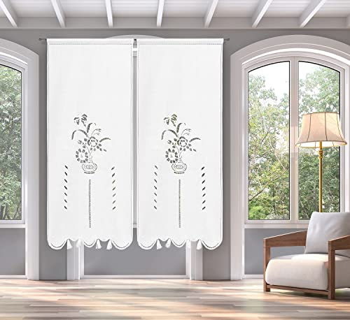 Zenoni & Colombi Coppia di Tende Ricamate a mano Italiano 600 Made in Italy Misto Lino Varie Dimensioni (58x180)