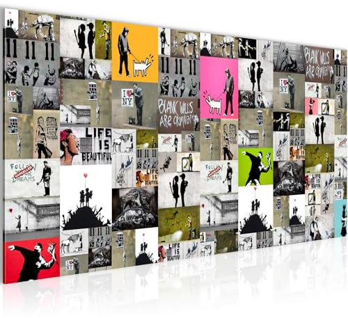 Runa Art Wandbild Collage Banksy 1 Teilig 100 x 40 cm Modern Bild auf Vlies Leinwand Street Art Loft Wohnzimmer Bunt 302712a