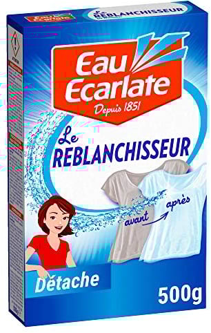 Eau Ecarlate Reblanchisseur, Poudre (0.500kg), Spécial Blanc, Anti-Grissaille + Détache, Préserve les vêtements blancs, Non parfumé