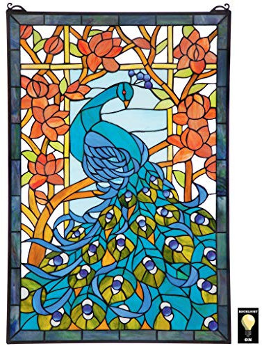 Design Toscano Pfauenparadies Hängende Buntglasfensterpaneele, Buntglas, vollfarbe, 89 cm