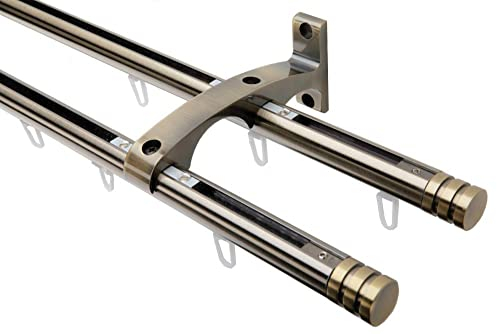 DécoProfi Gardinenstange Innenlauf 2-läufig Set Ø 20 mm Antik-Messing I Länge: 160cm Aluminium für Wandmontage I Als Gardinenschiene & Vorhangstange geeignet