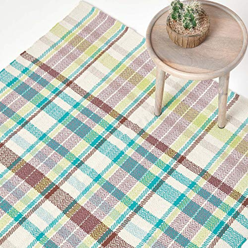 Homescapes Tartan Rug Handwoven Blue, Yellow, Brown & White 100% Cotton Check Rug, 120 x 170 cm
