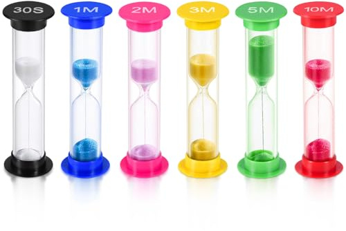 Sand Timer, KISEER 6 Pcs Colorful Hourglass Sandglass Sand Clock Timers Set 30sec / 1min / 2mins / 3mins / 5mins / 10mins for Brushing Children's Teeth, Cooking, Game, School, Office