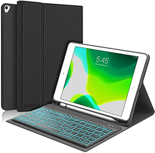 SENGBIRCH iPad 9 Generation hülle mit Tastatur - Beleuchtete Tastatur (QWERTZ Layout) mit Stifthalter für iPad 9/8/7th Gen.2021/2020/2019 10.2 - Schwarz