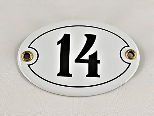 Emaille Hausnummer Schild Nr. 14, oval, Weiß-Schwarz Handarbeit