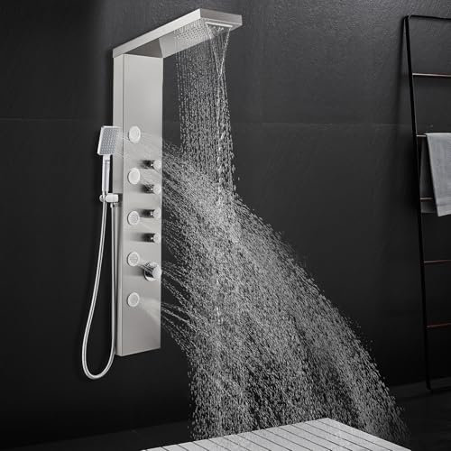ROVATE Regendusche Wasserfall Duschkopf Duschpaneel System Edelstahl Badezimmer Duschpaneel Turm mit 5 Körpersprays und 3 Sets Handdusche, Duschsäule Wandhalterung, zartes gebürstetes Finish