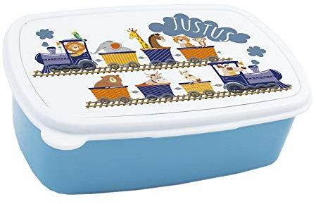 GRAZDesign Brotdose Kinder personalisiert, Lunchbox Kindergarten und Schule, Brotbox mit Unterteilung, Geschenk zu Einschulung, Blau für Jungen Name Tiere im Zug