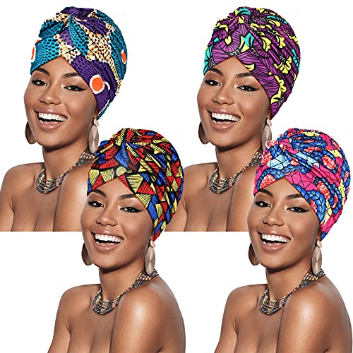 Geyoga 4 Stück Afrikanisch Turbane Damen Plissee Mützen Stretch Turban Kopfwickel Verdreht Kopftuch Kopfbedeckung (Stilvoll Stil)