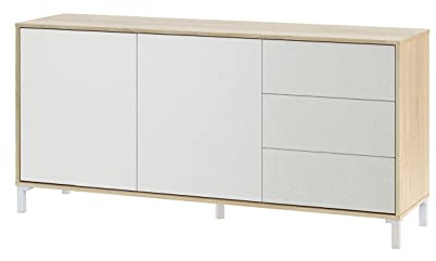 Dmora - Buffet Concord, Buffet de salon, Meuble TV, Armoire de salon, Buffet moderne avec 2 portes et 3 tiroirs, 154x41h74 cm, Chêne et Blanc