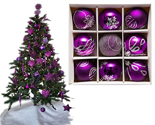9pc Luxury Premium Baubles, Christmas Tree Bauble Decorations Matte, Glitter, shiny & Frosted (6cm) (Dk Purple)