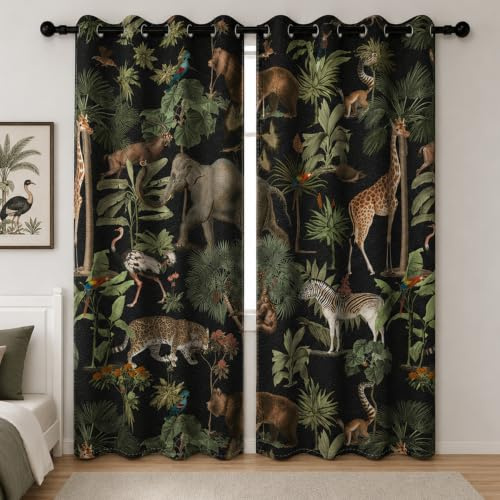 YONGFOTO Vorhänge Dschungel Safari Tropische Wildtiere Elefant Giraffe Zoo Verdunkelungsvorhänge Mit Ösen Für kinderzimmer Schlafzimmer 2 Paneele 168 x 229 cm