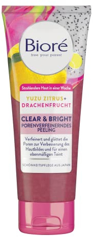 Biore Clear und Bright Porenverfeinerndes Peeling - Inhalt: 100ml - Mit Yuzu-Zitrus und Drachenfrucht-Extrakten