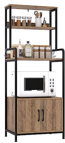 HOCSOK Étagère de Cuisine, Meuble de Rangement à 5 Niveaux avec 8 Crochets, Support pour Four à Micro-Ondes Four, Outils de Cuisine, 60x40x149cm, Marron Rustique