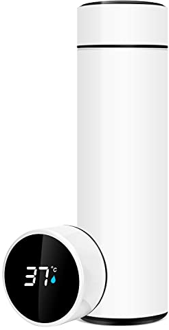 QiCheng&LYS 500ML Travel Mug, Flask with Temperature Display Vacuum Cup with Flask 304 Stainless Steel,Insulation Cup, Double Walled Vacuum for Heat and Cold Water (White)