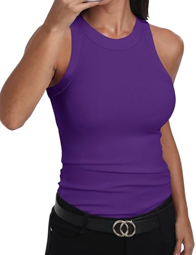 GEMBERA, Canotta vogatore da donna, senza maniche, a collo alto, basica, in cotone, a costine, aderente, Viola, S