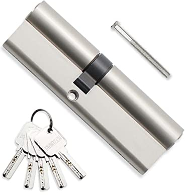 Bwintech 1 pièce Cylindre laiton Euro 45/55mm, serrure cylindre clé/clé 100mm avec 5 clés laiton horizontales, anti-crochetage, anti-perçage, anti-claquement, anti-choc, finition nickel satiné